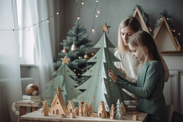 Mother and daughter make Christmas decorations, 