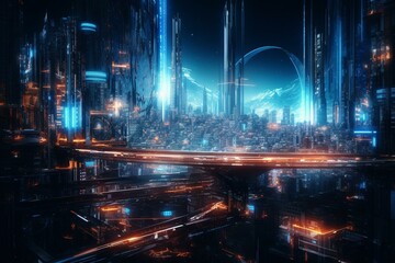 A futuristic cityscape with neon lights and fractal architecture, featuring a spaceship up to the galaxy view. Perfect for wallpaper. Generative AI