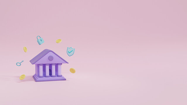 Bank building with Conis, Lock, Key, Protection shield icon, and check mark. Online banking, finance, and bank transactions service. Payment Security concept. Minimal style 3D Illustration.