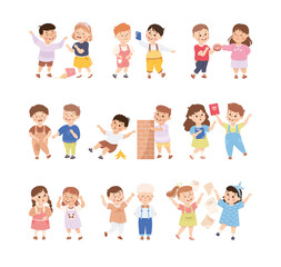 Kids getting bullied by classmates set. Hoodlum naughty children offending boys and girls cartoon vector illustration