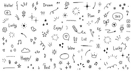 Doodle cute glitter pen line elements. Doodle heart, arrow, star, sparkle decoration symbol set icon. Simple sketch line style emphasis, attention, pattern elements. Vector illustration. Generative AI