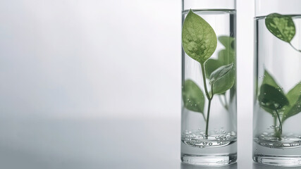 Close up green fresh plant in glass test tube on white background with copy space (AI Generated)