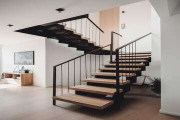 Modern minimalist staircase, black metal railings, wooden steps, white wall, generative AI