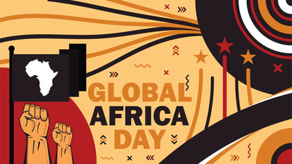 Global Africa Day vector wide horizontal banner with retro style, geometric shapes, typography and African continent icon on flag. Global Africa Day modern simple poster background . may 25.