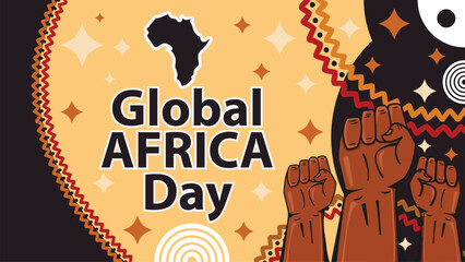 Global Africa Day vector wide horizontal banner with retro style, geometric shapes, typography and African continent icon on flag. Global Africa Day modern simple poster background . may 25.