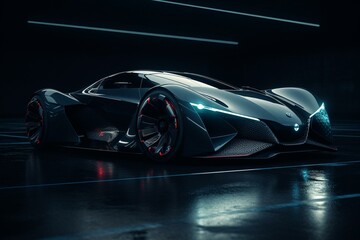 Fototapeta na wymiar Futuristic autonomous sports car on dark background. HUD included. Generative AI