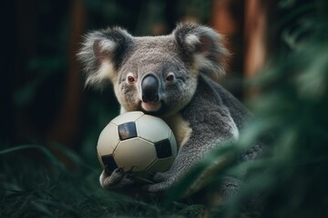 Cute koala holding soccer ball. Generative AI