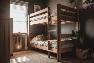 Wooden bunk bed in a kid's room. Generative AI