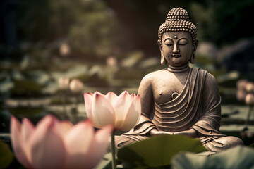 Buddha statue floating on water in lotus field. Generative AI