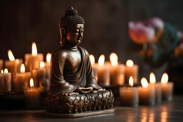 Small Buddha statue and candles and lotus flowers decorated indoors, close-up. Generative AI