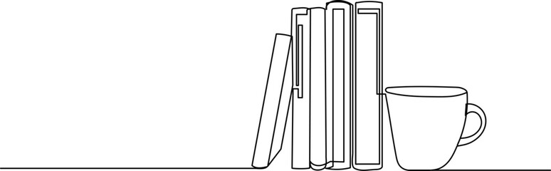 books and coffee mug one continuous line drawing isolated