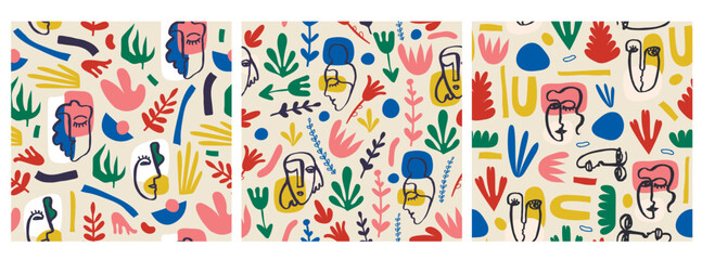Vector set of seamless patterns. Collage cutout shapes, flowers and hand drawn cubism faces.
