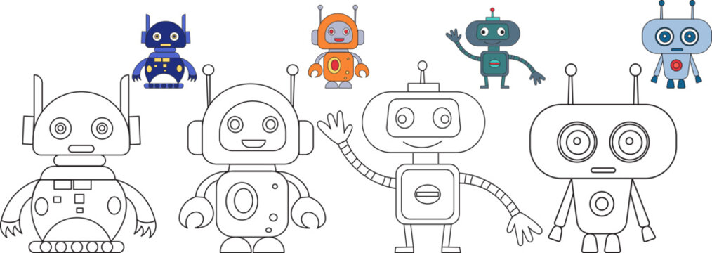 set of robots childrens coloring book isolated vector