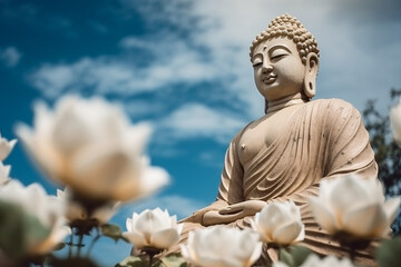 Fototapeta premium Giant Buddha stone statue outdoors. Generative AI