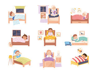 Little Kids in Bed Sleeping and Getting Ready to Night Rest Vector Set