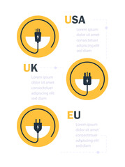 Types of socket plugs icon set. Cable plugs type usa, uk, eu illustration symbol. Sign electric plug vector flat