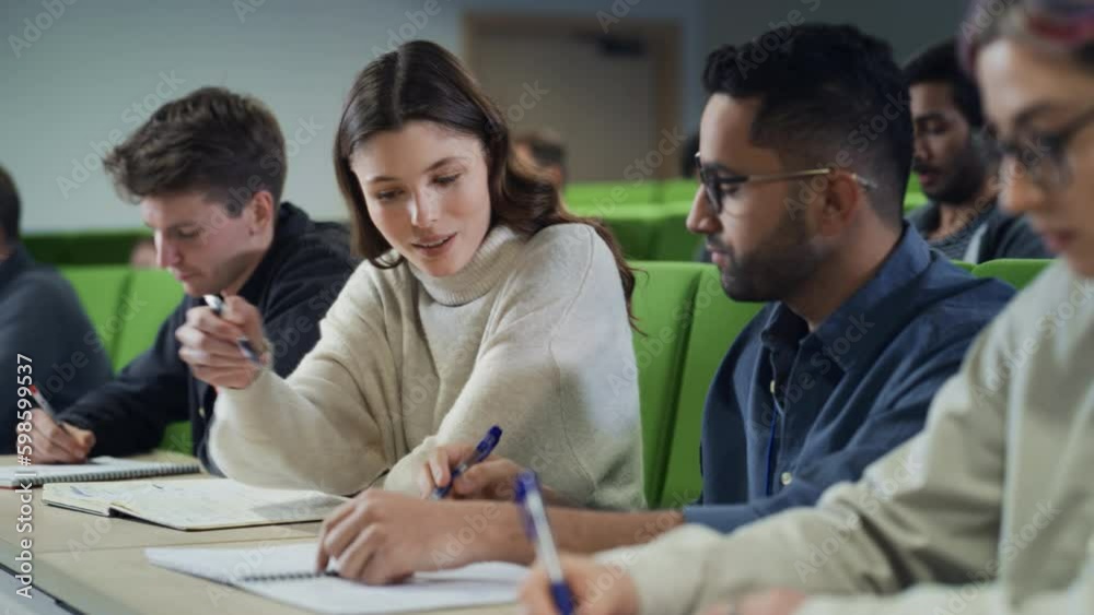 Poster Smart Young Students Studying in University with Diverse Multiethnic Classmates. Scholars Have a Conversation in College Room. Applying Knowledge and Talking to Each Other in Class
