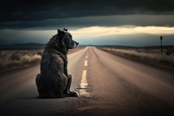 Lonely dog on the side of the road. 