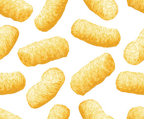 Sweet corn sticks, seamless pattern on white background. Realistic vector illustration. Fast snacks for rest. Use for for advertising, packaging.