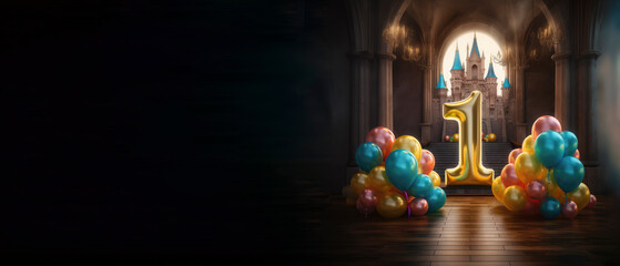 golden number one ballon inside castle surrounded by balloons, first birthday fairy tale theme, Generative Ai, copy space