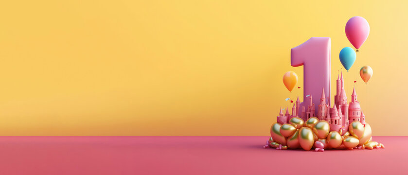 pink number one on top of castle surrounded by balloons, yellow and pink background, 1st first birthday fairy tale theme, Generative Ai, copy space