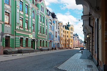 Upscale town colorful Vozdvizhenka street buildings of Kyiv city in Ukraine