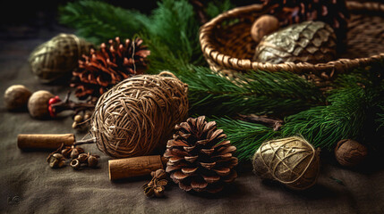 Fototapeta na wymiar A close-up still-life composition of rustic Christmas tree ornaments, burlap, pine cones, and holly leaves, a top-down angle with natural light from a window, Created with generative Ai Technology. 