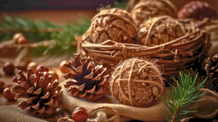 Obraz na płótnie Canvas A close-up still-life composition of rustic Christmas tree ornaments, burlap, pine cones, and holly leaves, a top-down angle with natural light from a window, Created with generative Ai Technology. 