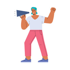 Feminist protesting woman screaming into loudspeaker, flat vector isolated.