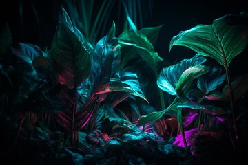 Neon-framed, tropical foliage lit by fluorescent glow. Generative AI