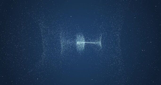 Animation of a flyby around an abstract galaxy on a blue background. Swirl in the form of a spiral of flying particles.