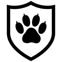 Paw print inside a classic shield shape, symbol of pet protection and safety. It represents security, care and the safeguarding of animals or power.