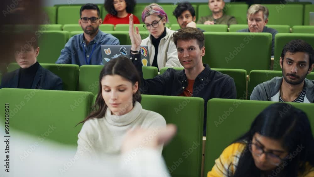 Poster smart diverse students studying in college, listening to an university professor giving a lecture. e