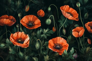Fototapeta premium Vibrant watercolor poppies in a seamless pattern with a dark green backdrop. Generative AI