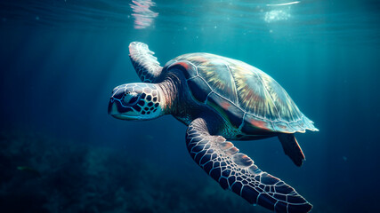 A sea turtle swimming in the clear blue ocean. A journey of survival and beauty.