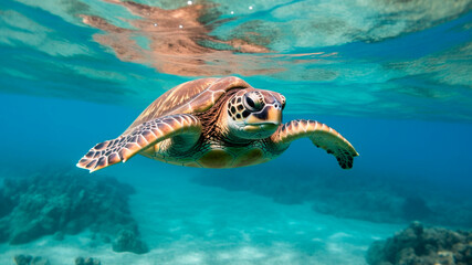 Fototapeta premium A sea turtle swimming in the clear blue ocean. A journey of survival and beauty.