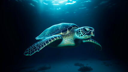 A sea turtle swimming in the clear blue ocean. A journey of survival and beauty.