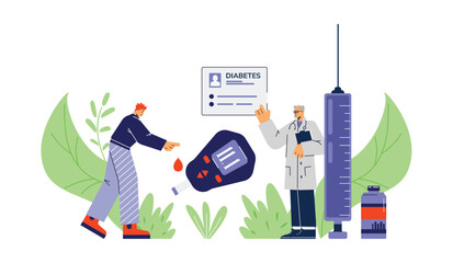 Doctors testing blood of patient for glucose using glucometer, vector isolated.