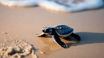 A baby sea turtle crawling on the sandy beach. A Symbol of Hope and Survival.