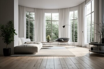 Minimalist living room with curved white walls, large windows, tied curtains and wooden floors. Generative AI