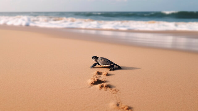 A baby sea turtle crawling on the sandy beach. generative ai.