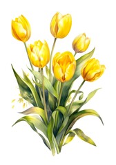 Obraz premium Watercolor bouquet of yellow tulips isolated on white background. Generative AI.