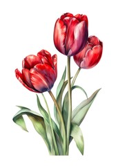 Watercolor bouquet of three red tulips isolated on white background. Generative AI.
