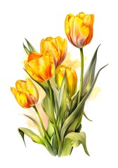 Watercolor bouquet of yellow tulips isolated on white background. Generative AI.