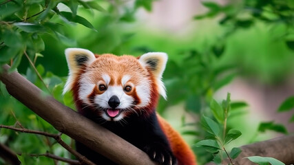 A cute red panda peering out from behind a tree trunk. A Rare and Adorable Animal.