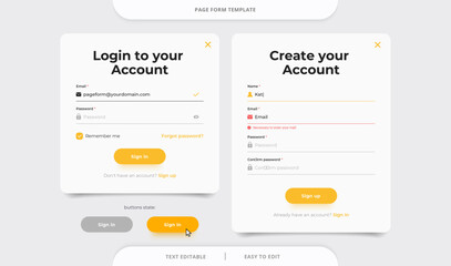 Set of Sign Up and Sign In forms. Registration and login forms page. Website or App account connexion page with email, and password.