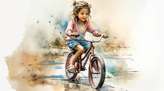 Captivating Full-Body Watercolor Painting of Girl Riding a Bike. Generative AI