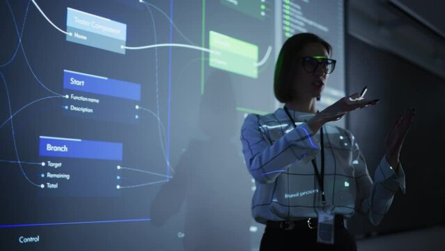 Young Businesswoman Presenting a Web Development Road-Map in a Dark Room with Projecting Images. Female University Professor Showing Initial Steps to a Successful Project Completion