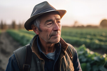 a portrait shot of a regenerative agriculture farmer, standing in the middle of their field of crops