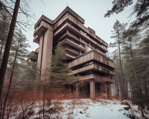 generative ai illustration of brutalist house in the forest in winter - obrazy, fototapety, plakaty